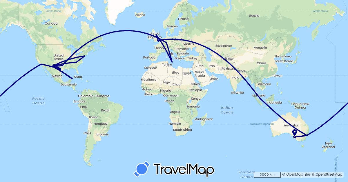 TravelMap itinerary: driving in Australia, Germany, United Kingdom, Malta, Mexico, Singapore, United States (Asia, Europe, North America, Oceania)